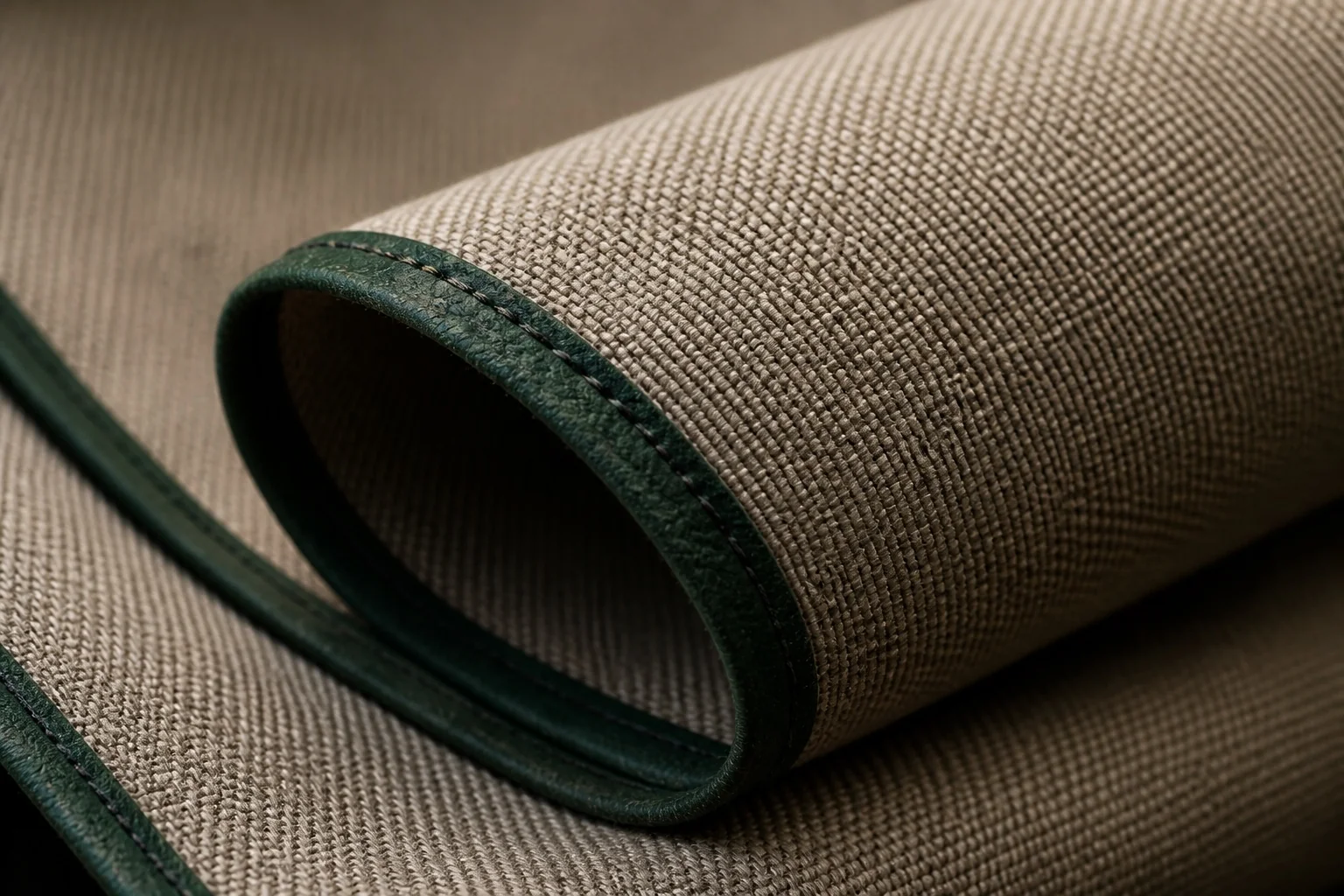 Close detail of woven taupe canvas used for the folding roof.